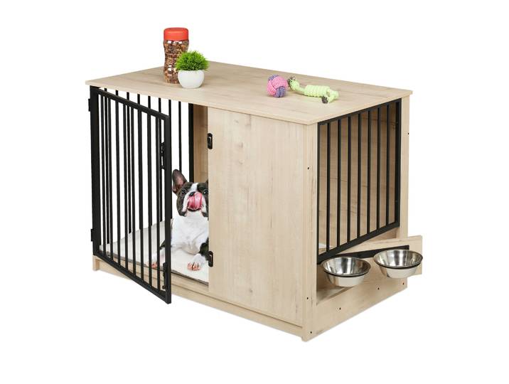 Hundekäfig für Zuhause 2 drehbare Näpfe Creme-Schwarz-Silber