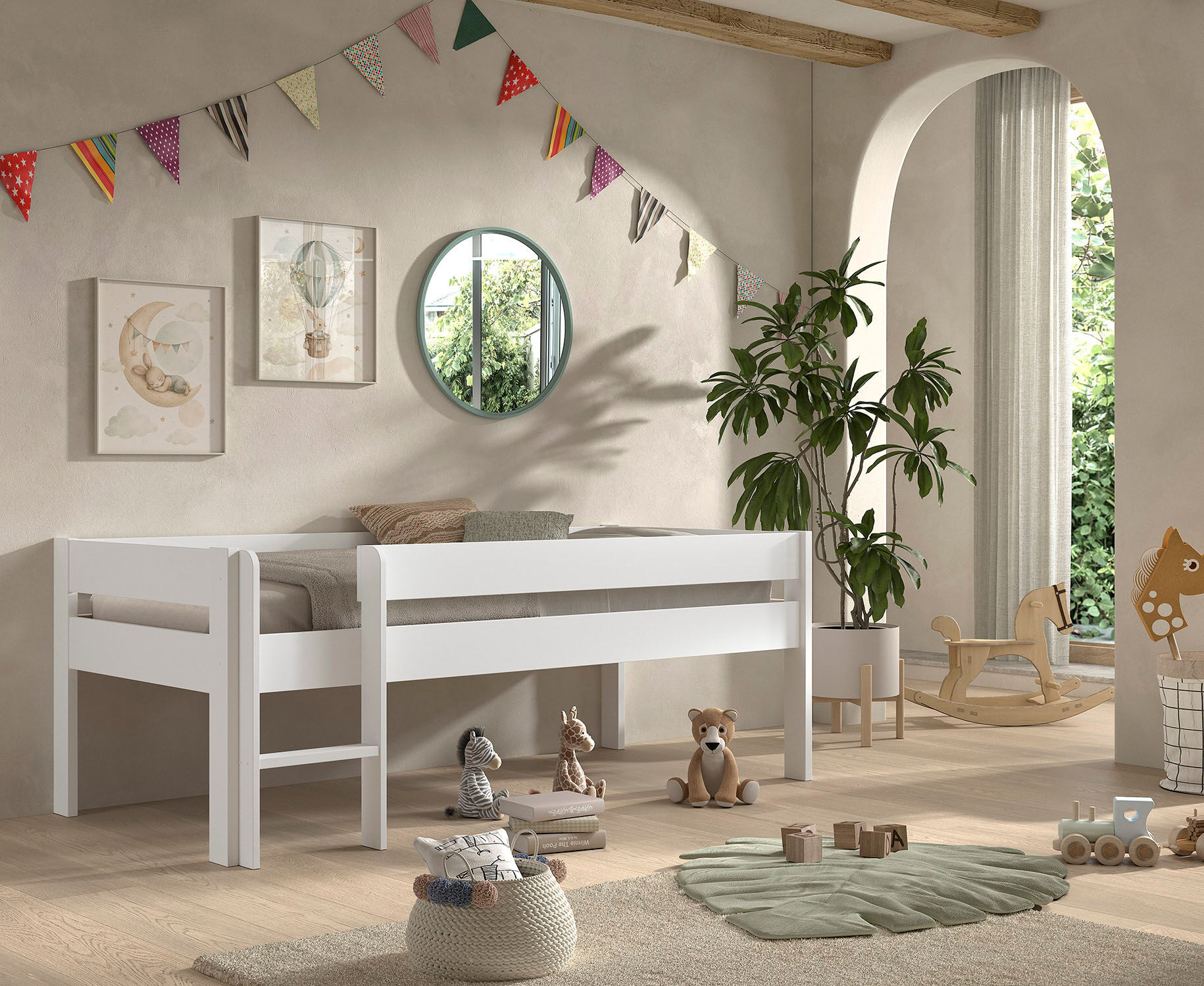 Spielbett VIPACK "Primo, mit umlaufendem Absturzschutz, niedriger Bauhöhe", weiss (weiß, weiß, weiß), B:104,5cm H:78cm L:206,1cm, Betten, Spielbett, Kiefer weiss inkl. Rolllattenrost, wahlweise ohne oder mit Rutsche weiß, weiß, weiß Liegefläche Länge B: 2