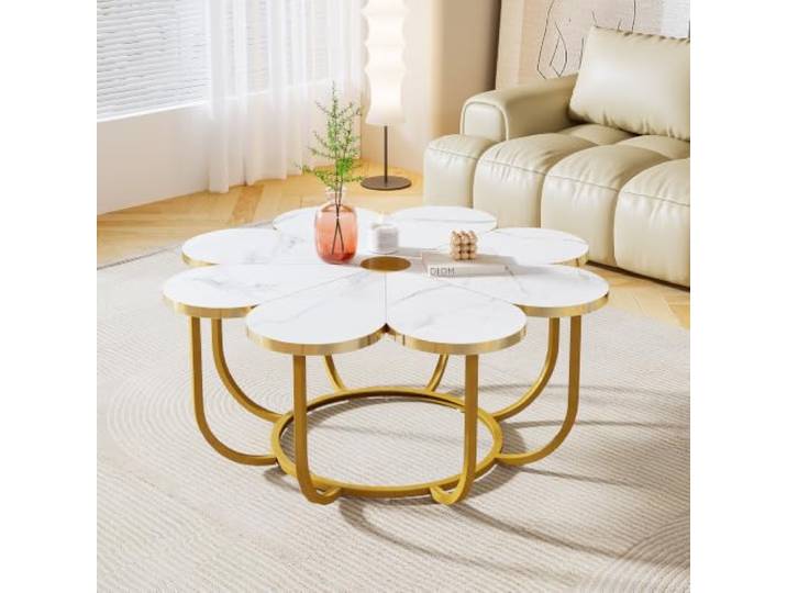 Tribesigns Couchtisch in Weiß und Gold, Moderner Couchtisch in Blumenform mit Tischplatte aus Kunstmarmor, 100cm Großer Floraler Akzenttisch mit Metallrahmen, Wohnzimmertisch, Sofatisch for Wohnzimmer