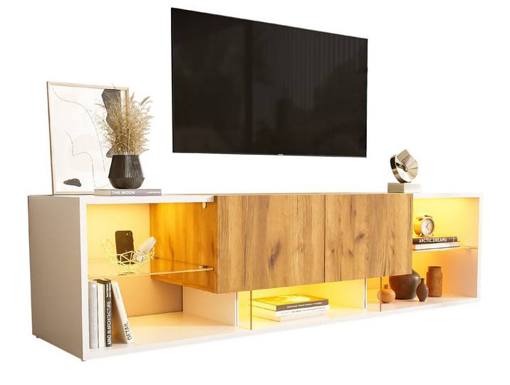 SeedWave Lowboard Stilvoller TV-Schrank mit Verstellbarer LED-Beleuchtung, 2 Schubladen, Bodenstehender Fernsehtisch mit offenen Glas-Ablagen