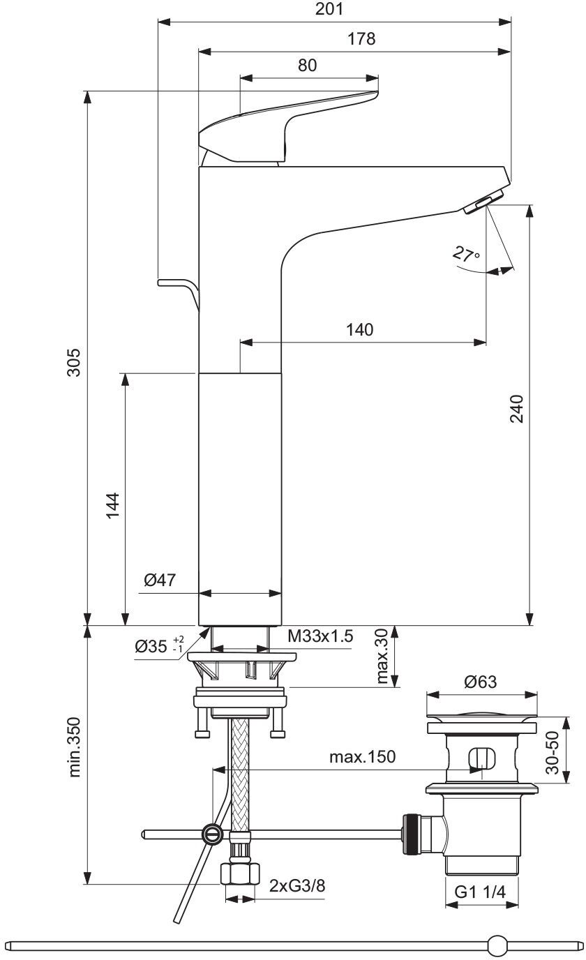 Ideal Standard Waschtischarmatur mit Ablaufgarnitur, verlängerter Sockel