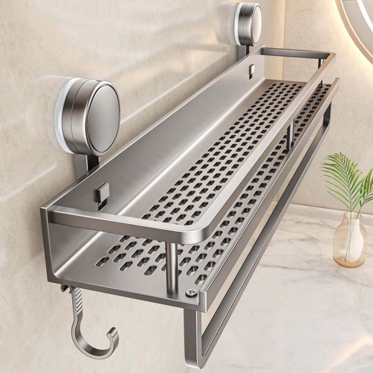 INF 50cm Aluminium-Saugregal mit Handtuchstange und Haken – Einlagig, Bohrfrei, Doppel-Saugtechnik, Ablauf-Design, Rostfreies