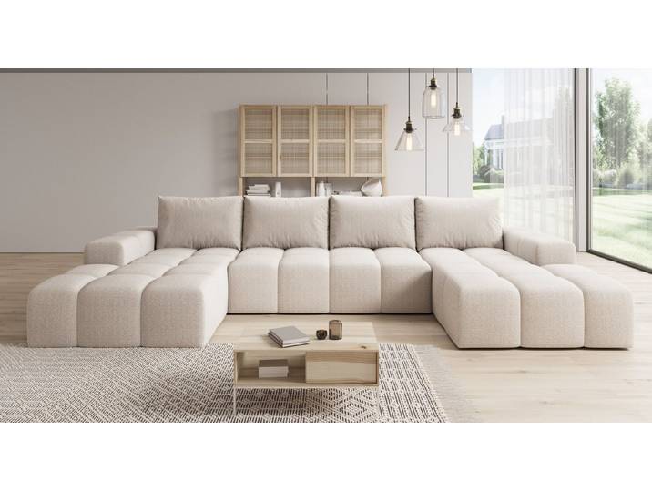 PROMETO Möbel Ecksofa Couch U-Form, Sofa U-Form Teddy-Bouclé, Web oder Cord-Stoff Cento