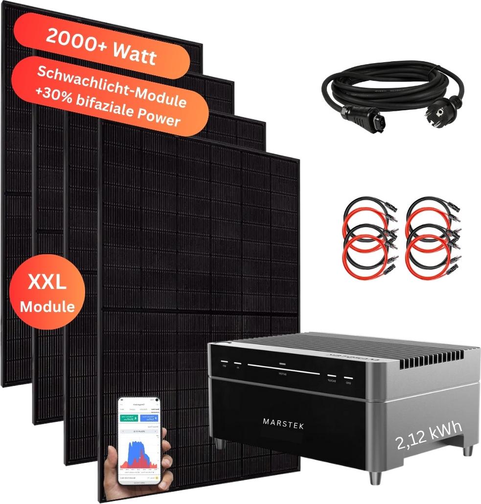 MYVOLTAICS Balkonkraftwerk 2000+ Watt mit Speicher Marstek Venus A 2,12 kW aufrüstbar, Nulleinspeisung & Notstrom möglich, optimales Einsteigermodell Aufständerung für Flachdach / Garten