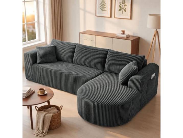 COMHOMA Ecksofa mit Schlaffunktion, 243cm Corduroy Modulares Boneless Couch mit Chaiselongue, L-Form Schlafsofa, Sektionssofas mit Kissen & Seitentaschen,Sofa für Wohnzimmer, Keine Montage, Grau