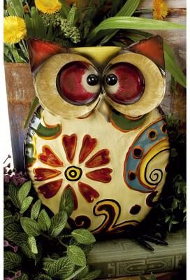 ARCILLA ELEMENTAL Yellow Metal Indoor Outdoor Owl Decorative Garden Sculpture with Floral Pattern