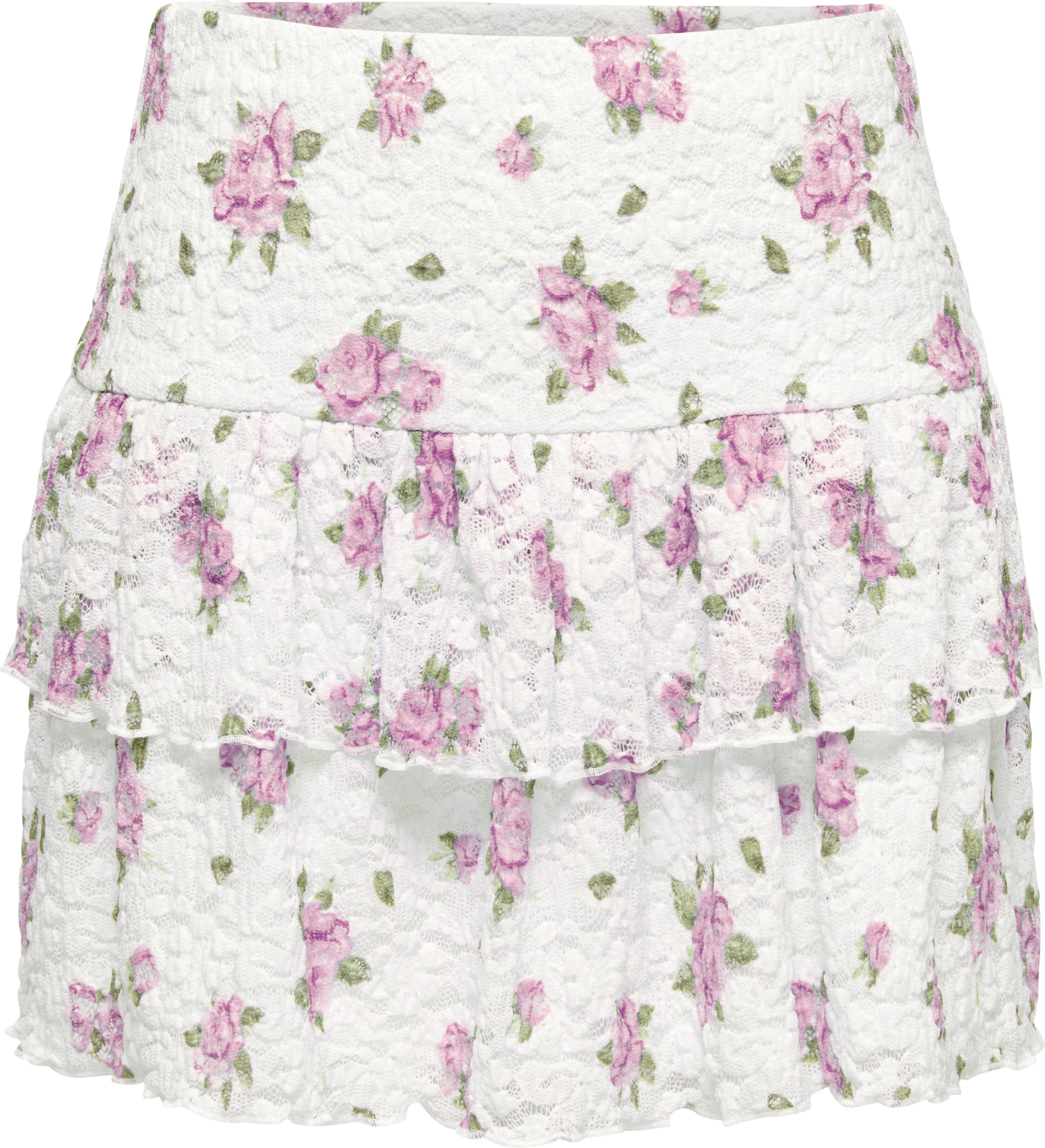 Minirock ONLY "ONLSAGA LACE MINI SKIRT", Damen, Gr. S (36), rosa (cloud dancer aop:floral pale lila (saga)), Spitze, Obermaterial: 97% Polyamid, 3% Elasthan, bedruckt, geblümt, mini, Röcke Minirock, Materialmix cloud dancer aop:floral pale lila (saga) S (