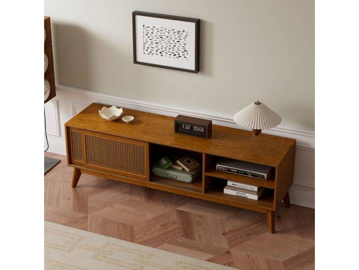 Meuble TV vintage en rotin AESVAR 150 x 40 x 50 cm pour TV jusqu'à 65 pouces bois et MDF noyer