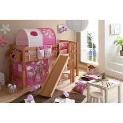TiCAA Hochbett mit Rutsche Podestbett "Tino" Buche Natur Motiv, teilbar mit Farbauswahl