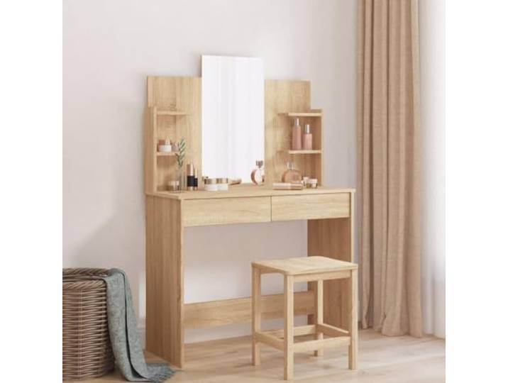 Schminktisch mit Spiegel Eiche Sonoma 96x39x142cm 2 Schubladen, 4 kleine Regale, Holzwerkzeug, Wandbefestigung im Lieferumfang enthalten, Schlafzimmer