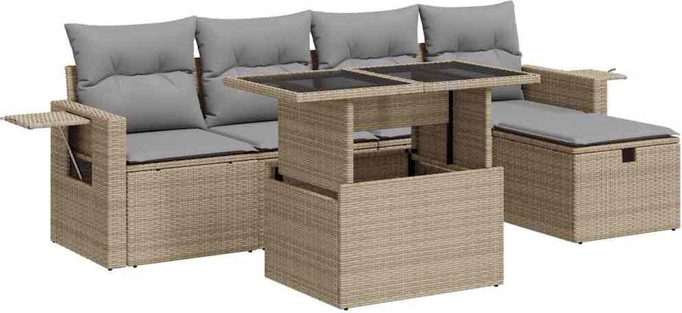 6-tlg. Garten-Sofagarnitur mit Kissen Beige Poly Rattan