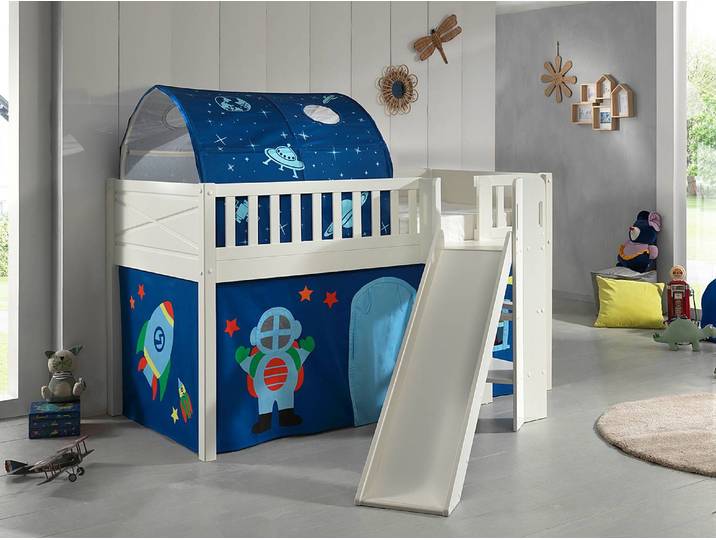 Spielbett mit Rutsche 90 x 200cm Weiß/Dunkelblau mit Tunnel/mit Vorhang