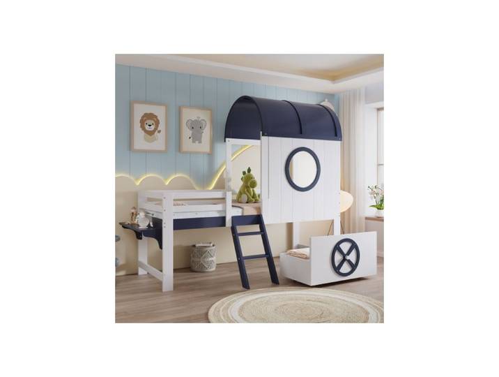 ®RisingFF Lit superposé lit enfant avec fenêtre supérieure pin + MDF + contreplaqué blanc + bleu foncé 90x200 cm