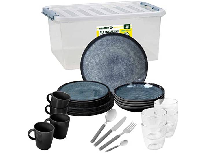 BRUNNER Camping-Geschirr-Set Melamin 36-Teilig All Inclusive VENETIAN Antislip (Antirutsch), 2-4 Personen, wie Steingut (StoneTouch), Bruchfest, Teller Besteck & Becher, Wohnmobil Wohnwagen Boot
