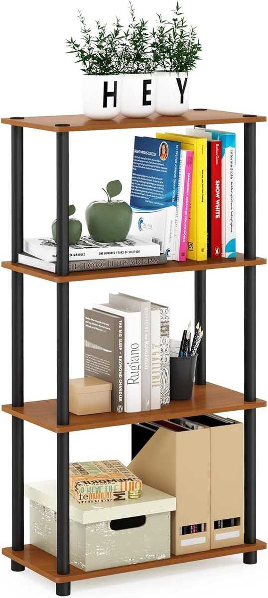 Multifunctioneel 4-Tier Plank Display Rack met Ronde Buizen in Licht Kers/Zwart