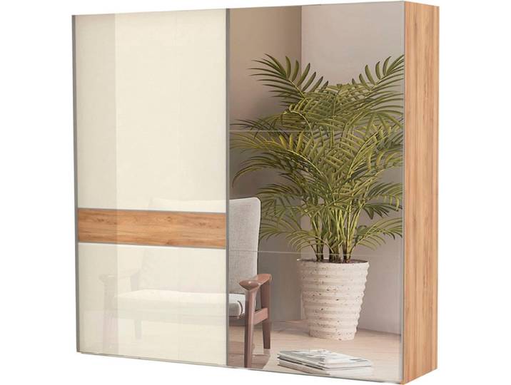 Schwebetürenschrank GOODPRODUCT Gala, wahlweise mit oder ohne Spiegel, 230x65x224cm, FSC-zertifiziert , beige (beige, pacific walnut, mit spiegel), B:230cm H:224cm T:65cm, Schränke, Schwebetürenschrank, UV lackiert, kratzfest, hochglänzend, Soft-Close Funktion
