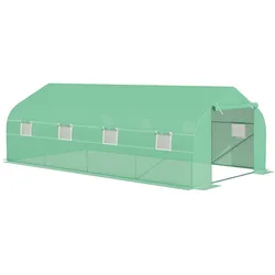 OKWISH Foliengewächshaus aus Eisen in Grün, 595x300x200 cm, begehbar mit Rolltür, Fenstern und Giebeldach