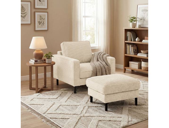 Polsterhocker 70 x 48 x 60cm Beige Cordstoff Lola: Creme