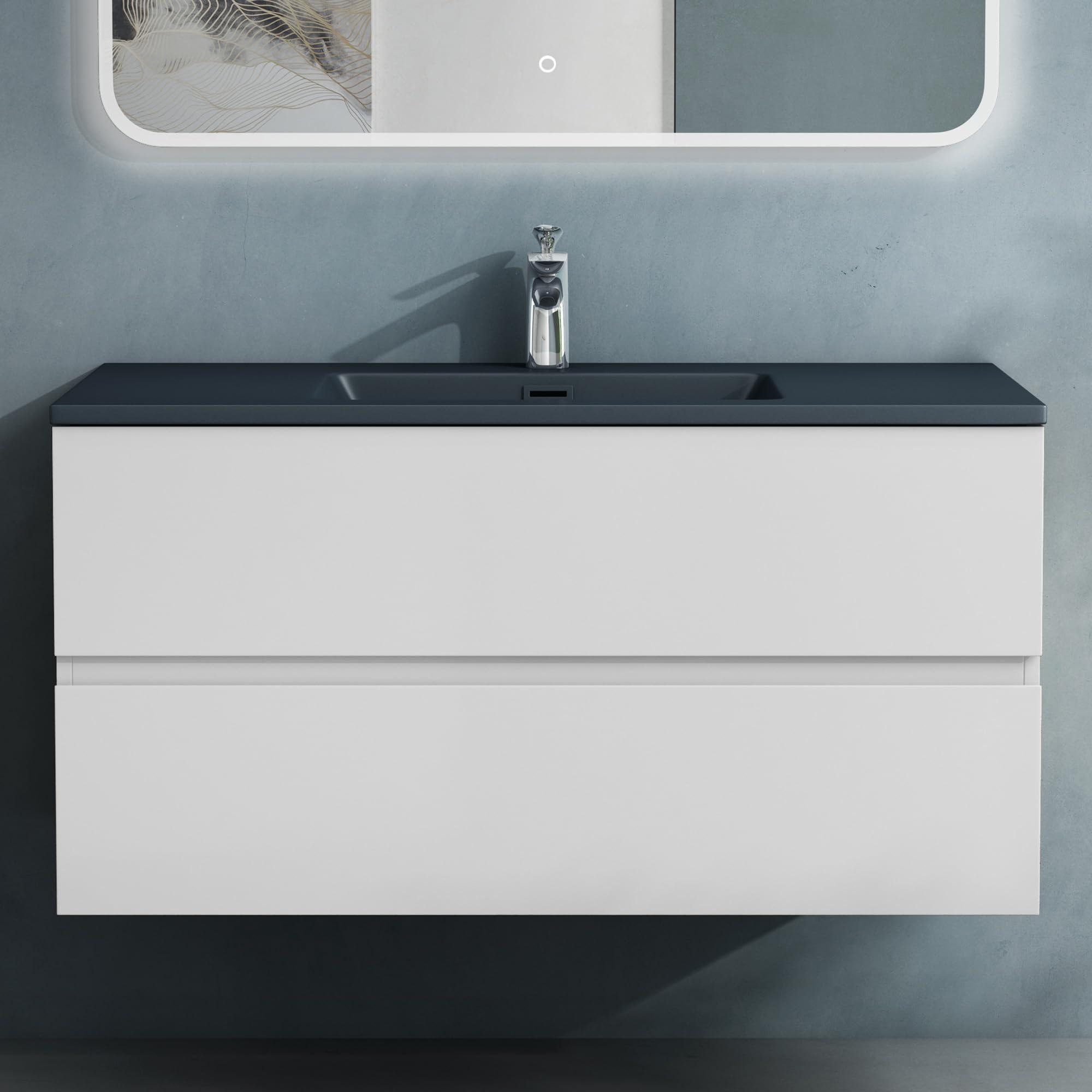 doporro Badmöbel-Set Waschbecken-Unterschrank Badezimmer Waschtisch mit Unterschrank BTH: 100x48x50 cm in Matt weiß inkl. matt Anthrazit Mineralguss-Waschbecken Aqualis