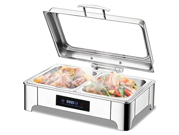 VFDZ Chafing Dish Elektrisch 9L (B, 1/2 PAN) Catering Warmhaltebehälter Smart-Temperaturanpassung, Rechteckiger Chafing Dish Set Speisenwärmer mit Sichtbarem Glasdeckel