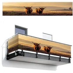 BALKON-SICHTSCHUTZ Schottische Hochlandbewohner - Heide - Landschaft - Tiere Groß 500x95 cm
