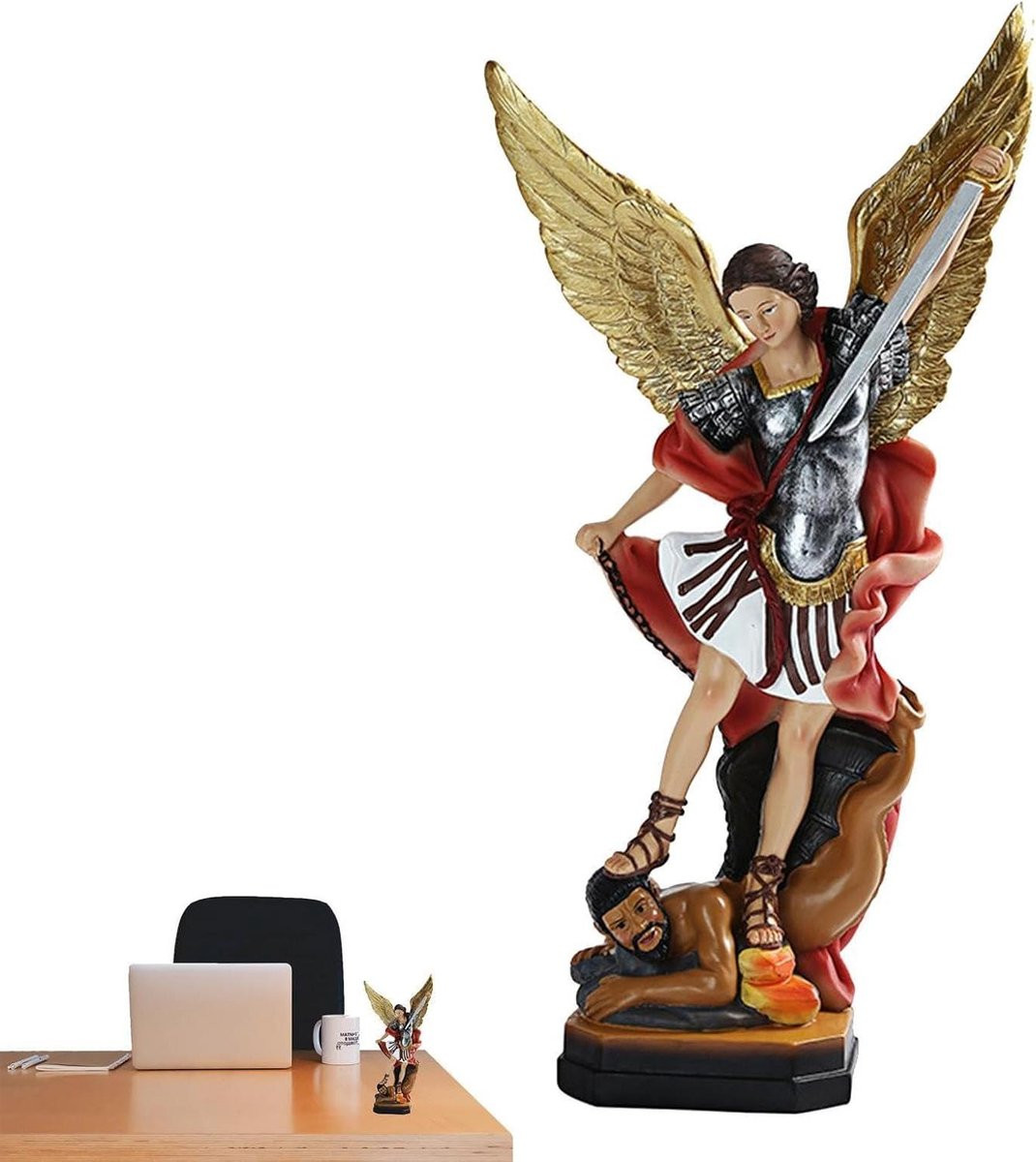 Handgesneden Aartsengel Michaël Beeldje - Decoratief Standbeeld Engel voor op Tafel
