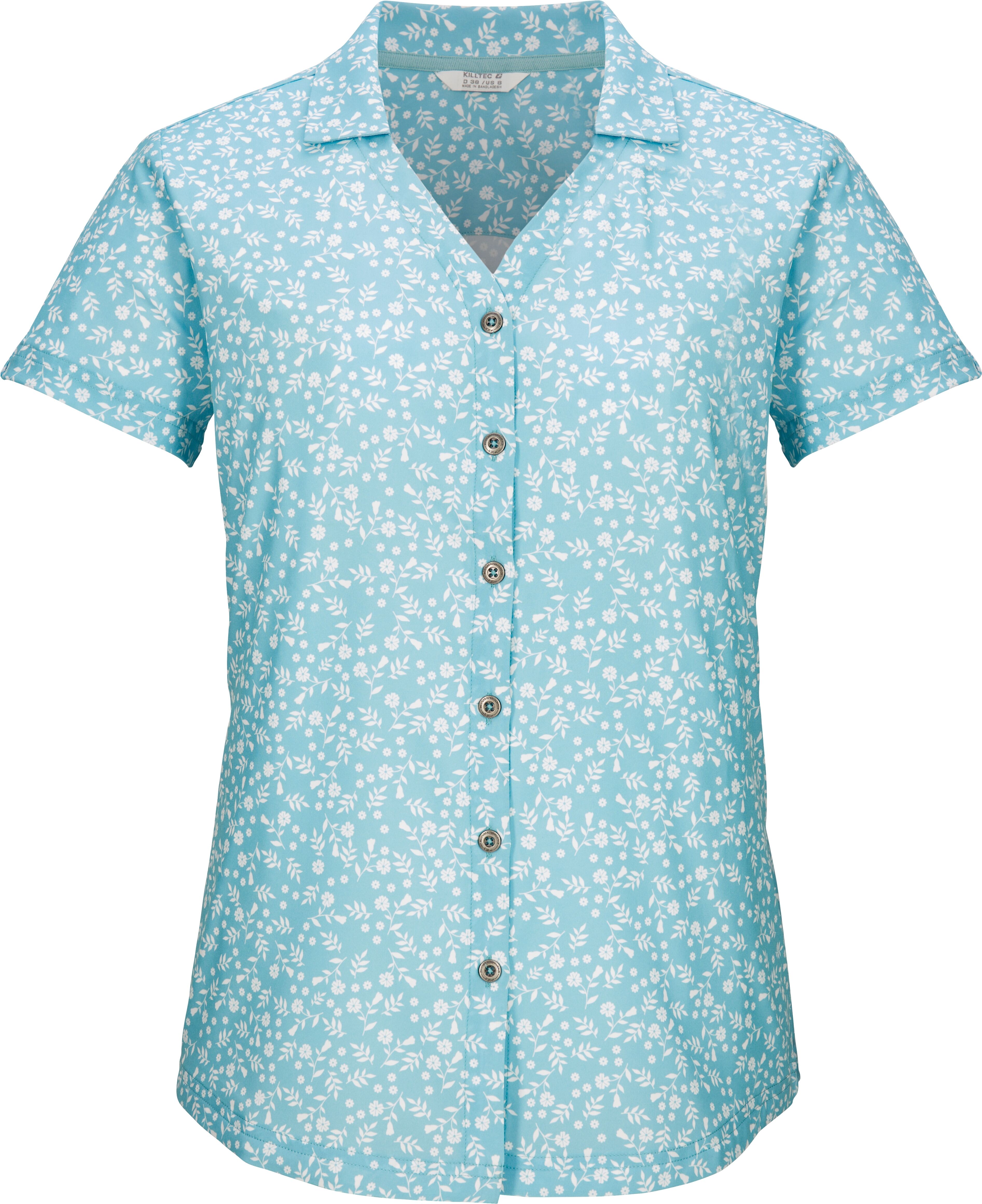 Funktionsbluse KILLTEC "KOS 86 WMN WVN SHRT", Damen, Gr. 46, blau (hell ocean), Obermaterial: 92% Polyester, 8% Elasthan, Blusen Funktionsbluse, mit floralem All-Over-Print, schnelltrocknend