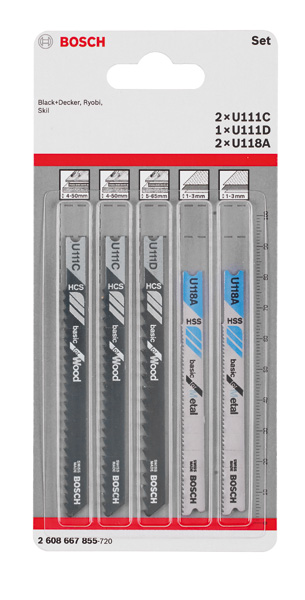 Bosch 5-tlg. Stichsägeblatt-Set Wood and Metal, U-Schaft U 111 C, U 111 D, U 118 A 2608667855