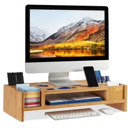 Relaxdays Monitorständer mit Staufächern Hellbraun