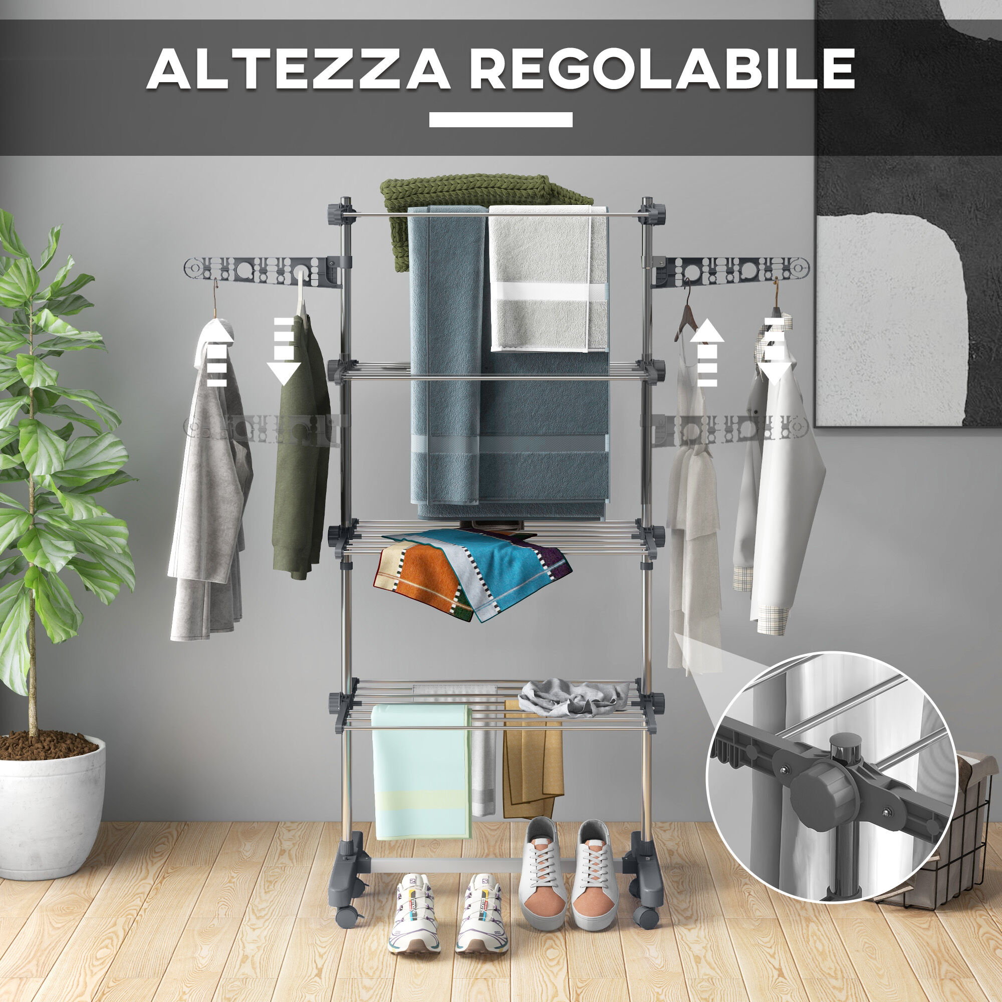 Altro Stendino Verticale Con 4 Ripiani Regolabili, In Acciaio E Plastica, 142x55x172 Cm, Grigio E Argento