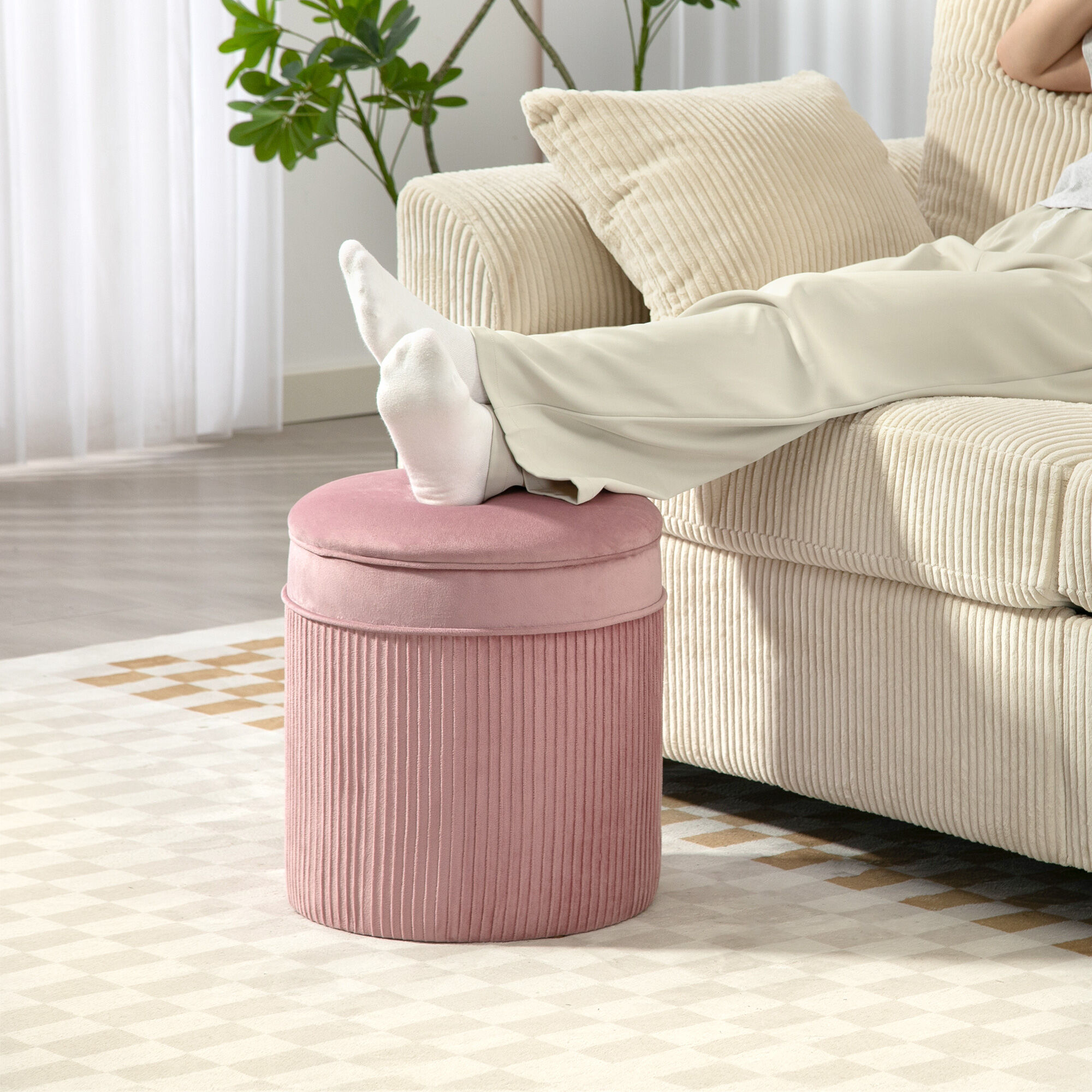 Altro Set 2 Pouf Poggiapiedi Rotondi Impilabili E Imbottiti Con Rivestimento In Velluto, Contenitore Da 34.8l, Rosa
