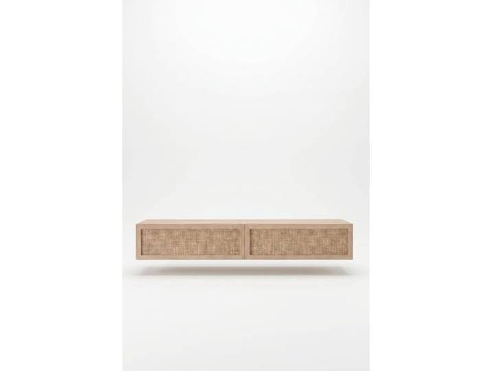 Hanah Home Modern TV Stand, Oak Color, 180 cm 100% Melamine Coated Particle Board, 18 mm Thick Rattan Jute Fabric Doors, Scandinavian Design