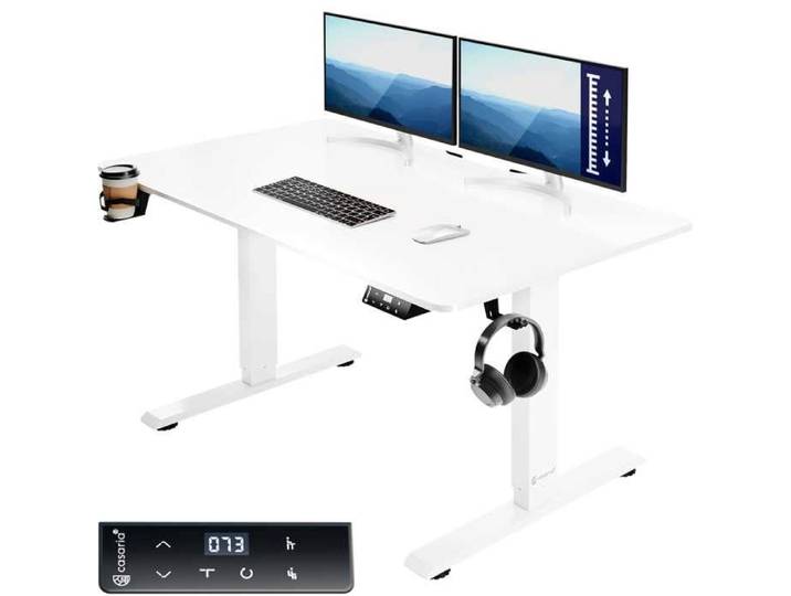 Casaria Bureau réglable en hauteur électrique Blanc 110cm bureau assis debout écran LCD support accessoires télétravail