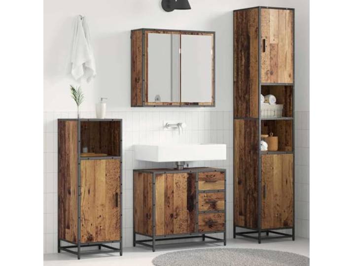 Jkghdrt Badezimmermoebelset 3 Stueck Altholz Holzwerkstoff Schrank Rechteckige Form, Brettregale, flaechenbündige Tueren, Stangengriffe, feucht abwischbar