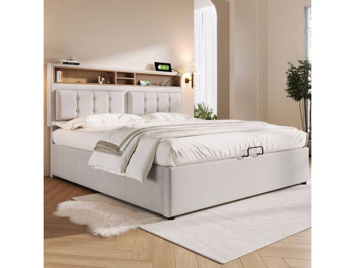 Lit Adult avec USB Type C - Merax - 140x200 cm - Lit Coffre Rembourré avec Sommier Relevable - Beige