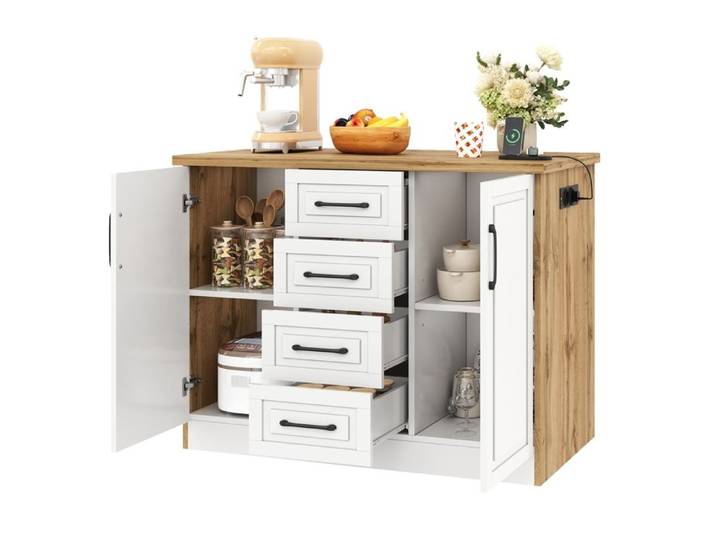 Îlot de Cuisine Meuble de Cuisine avec Prises 4 Tiroirs et étagères Réglables Plan de Travail Îlot Central Cuisine 120x60x90cm