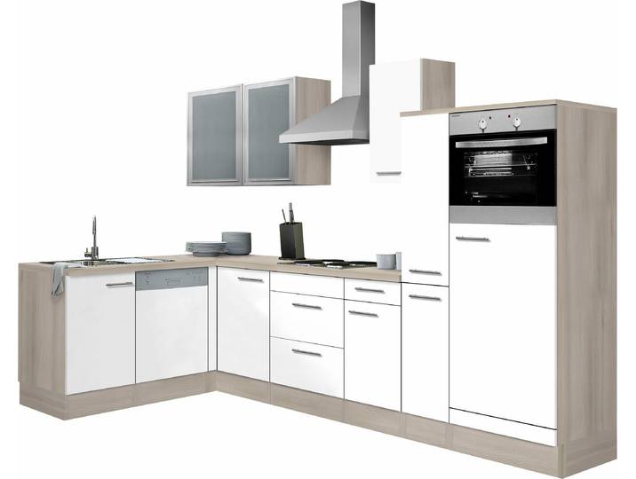 Winkelküche OPTIFIT Kalmar , weiß (küche: weiß, korpus: eichefarben hell, arbeitsplatte: eichefarben hell), B:300cm T:60cm, Komplettküchen-Sets, Stellbreite 300x175 cm, wahlweise mit E-Geräten, mit Arbeitsplatte