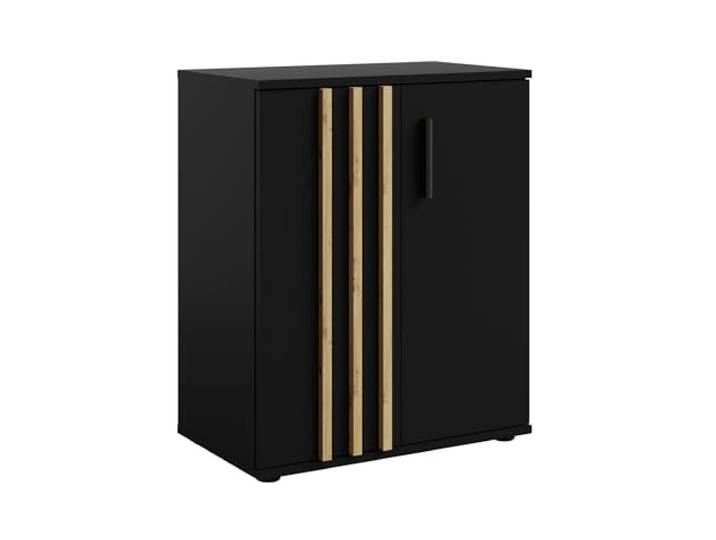 AXLIVING Kommode Schmal Turell 2D – 60 cm breit, Schwarz mit Lamellen 2 geschlossene Fächer für geordnete Aufbewahrung. Schwarz mit Artisan Eiche Lamellen. Hochwertige Laminatplatte.