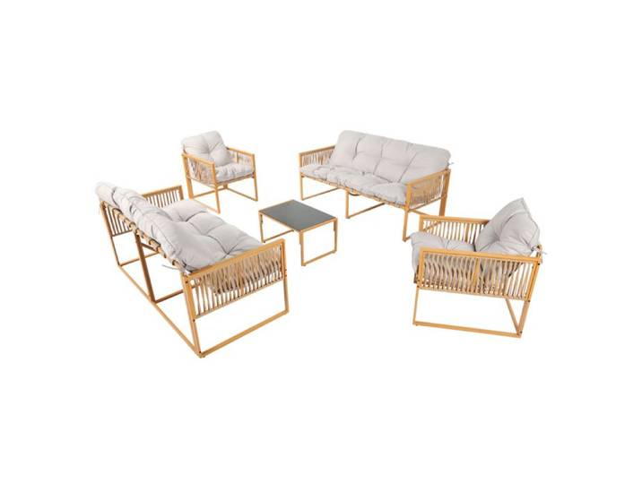 TURINI - Salon de jardin 8 places effet rotin coussins gris clair