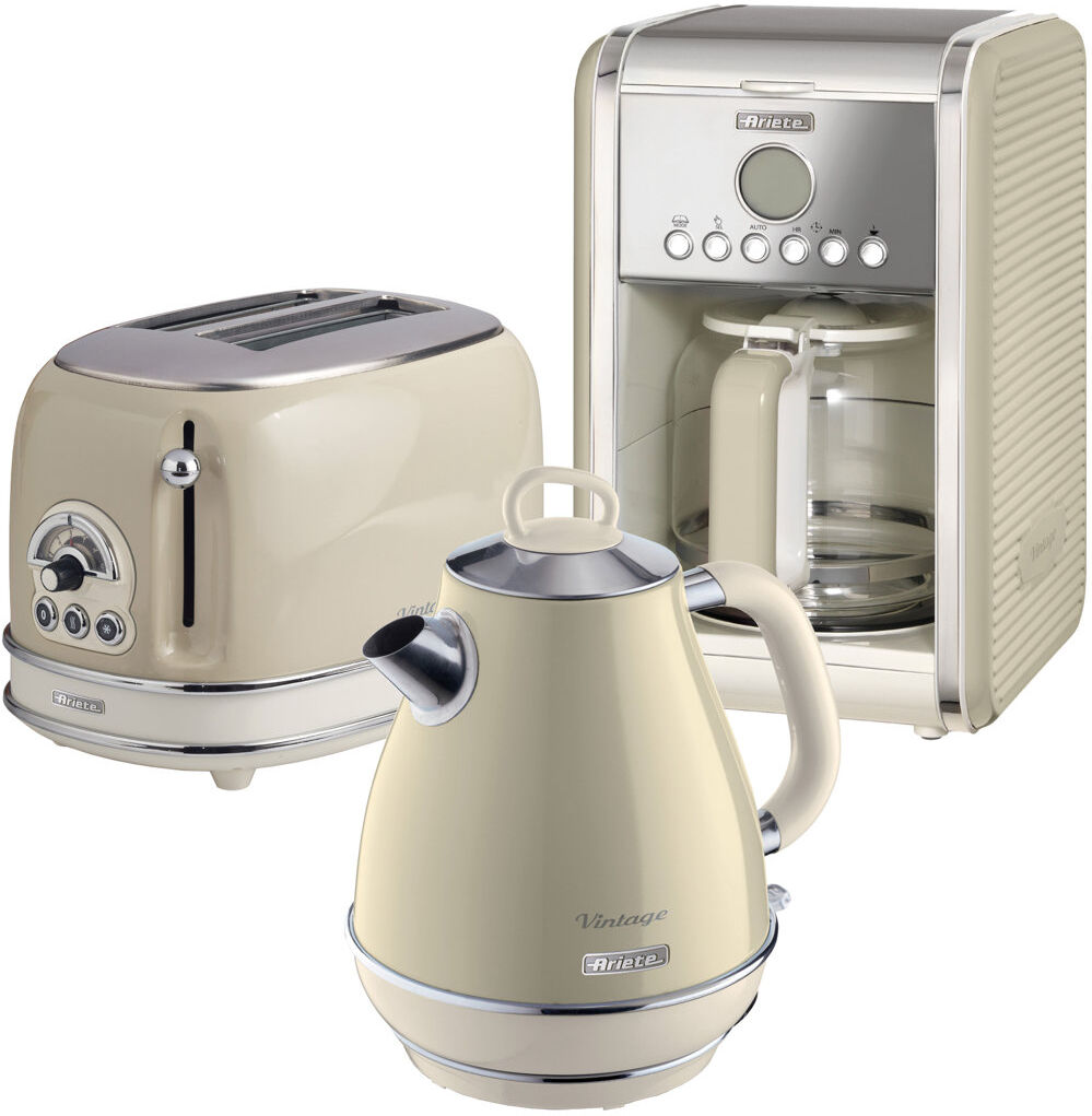 Ariete Vintage 1.7L Stainless Steel Jug Kettle with 2 Slice Toaster and 12 Cup Coffee Machine Set Cream 1.7L