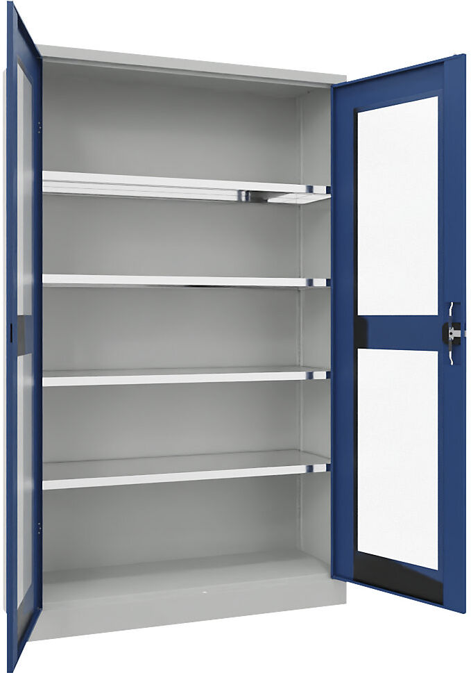 Flügeltürschrank mit Sichtfenster, 4 Fachböden, Höhe 1950 mm, HxBxT 1950 x 1200 x 400 mm, Tür enzianblau Pavoy
