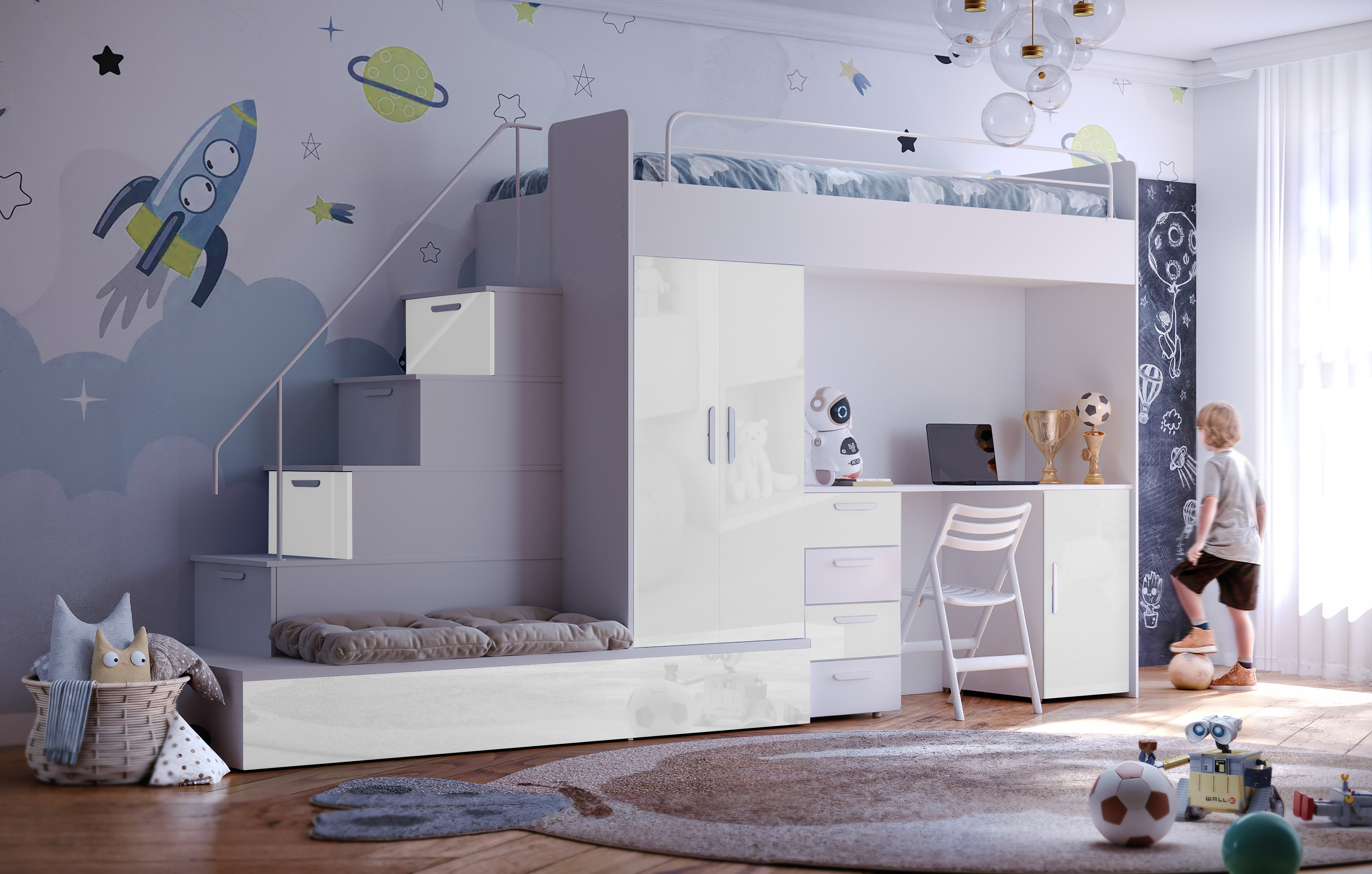 Etagenbett FELIX 5, Hochglanz Kinderbett, Hochbett, MIT Matratze und Lattenrost (Weiß + Weiß, Glanz)