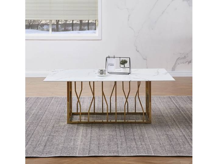 Table Basse PORTOFINO Plateau Verre Trempé Effet Marbré Blanc Pieds Gold 120x70x45cm