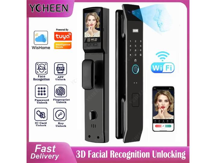 Serrure de porte à reconnaissance faciale 3D, application Tuya, interphone vidéo, déverrouillage numérique intelligent, carte-clé à empreintes digitales, serrure de téléphone Nfc
