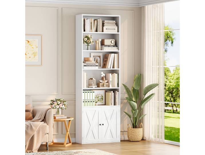 Getone Bibliotheque 209 cm Bibliothèque Meuble de Rangement avec 2 Portes 8 Étagères Rangement Bibliothèque Étagère de Rangement Étagère Réglable Bibliotheques pour Bureau Salon Cuisne Chambre
