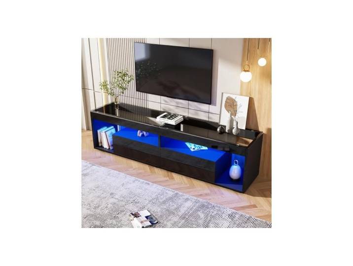Meuble TV noir brillant - Meuble TV 180 cm avec LED et 2 tiroirs design contemporain
