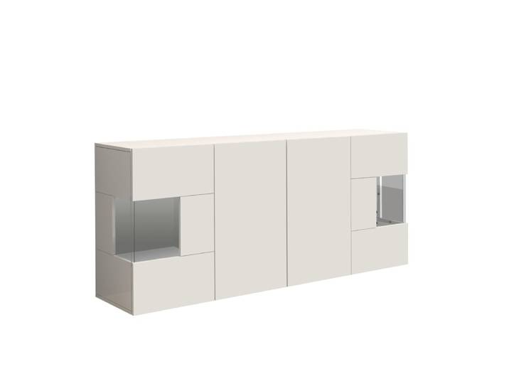Buffet vitrine 4 portes 180 cm effet bois blanc brillant