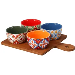 Home&Styling, Serviergeschirr, Edles 5-teiliges Servierset aus Steinzeug und Bambus: 4 bunte Dipschalen mit Tablett