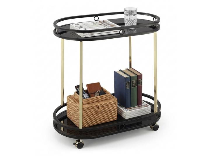 Relaxdays Servierwagen Schwarz Gold 2 Glasablagen Stahl, Metall, Glas, Kunststoff, 72x77.5x42 cm, Esszimmer, Servierwagen