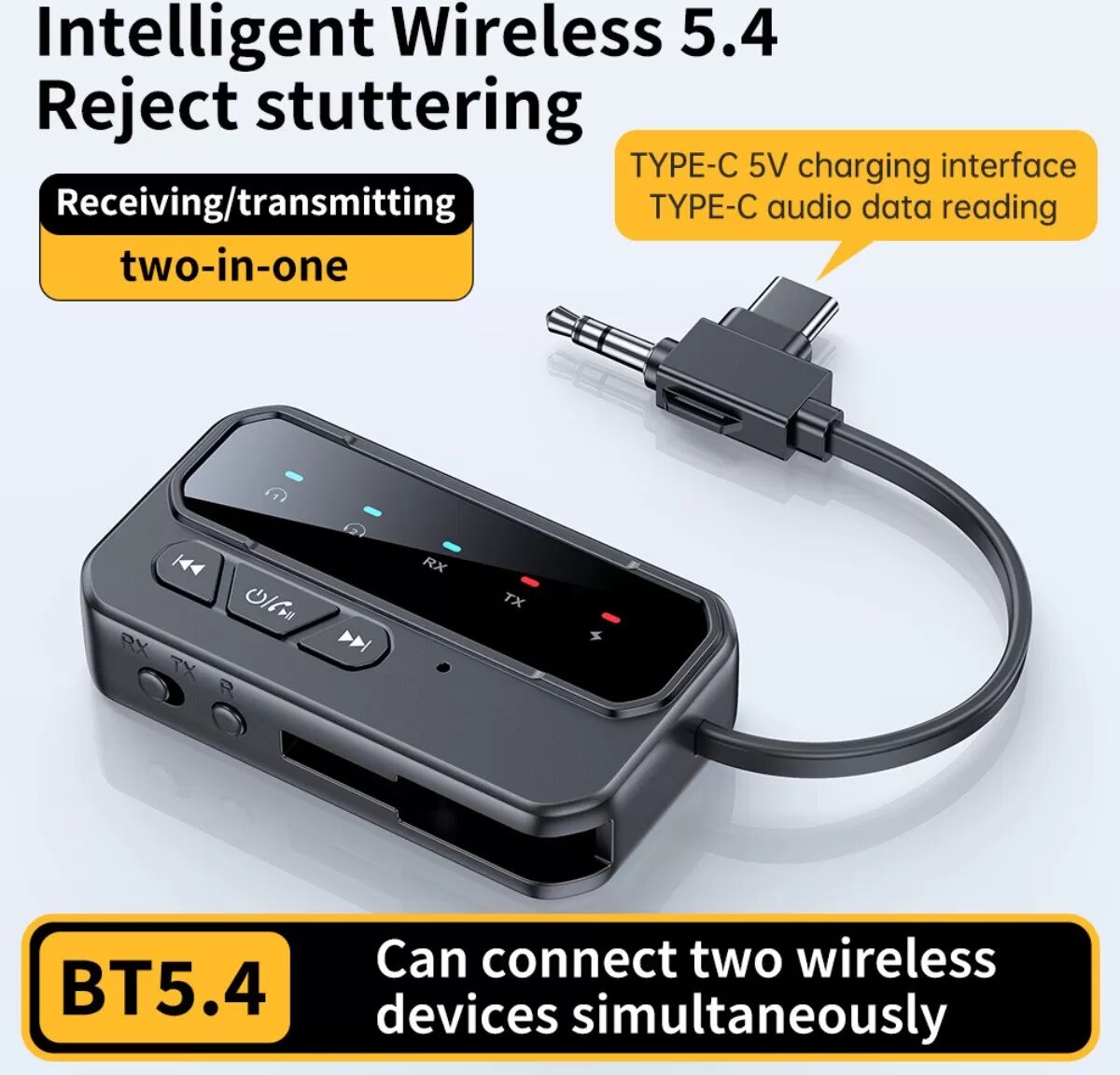 INF Adaptateur Bluetooth 5.0 Double Émission et Double Réception - HiFi Réduction de Bruit, Portée 15m, Batterie 10h, 3.5mm